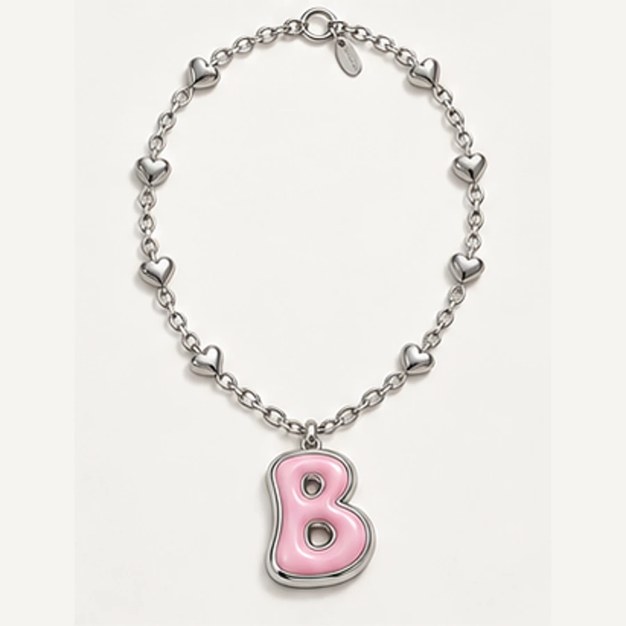 Bubble B Pendant Necklace, Silver / Pink, complete necklace