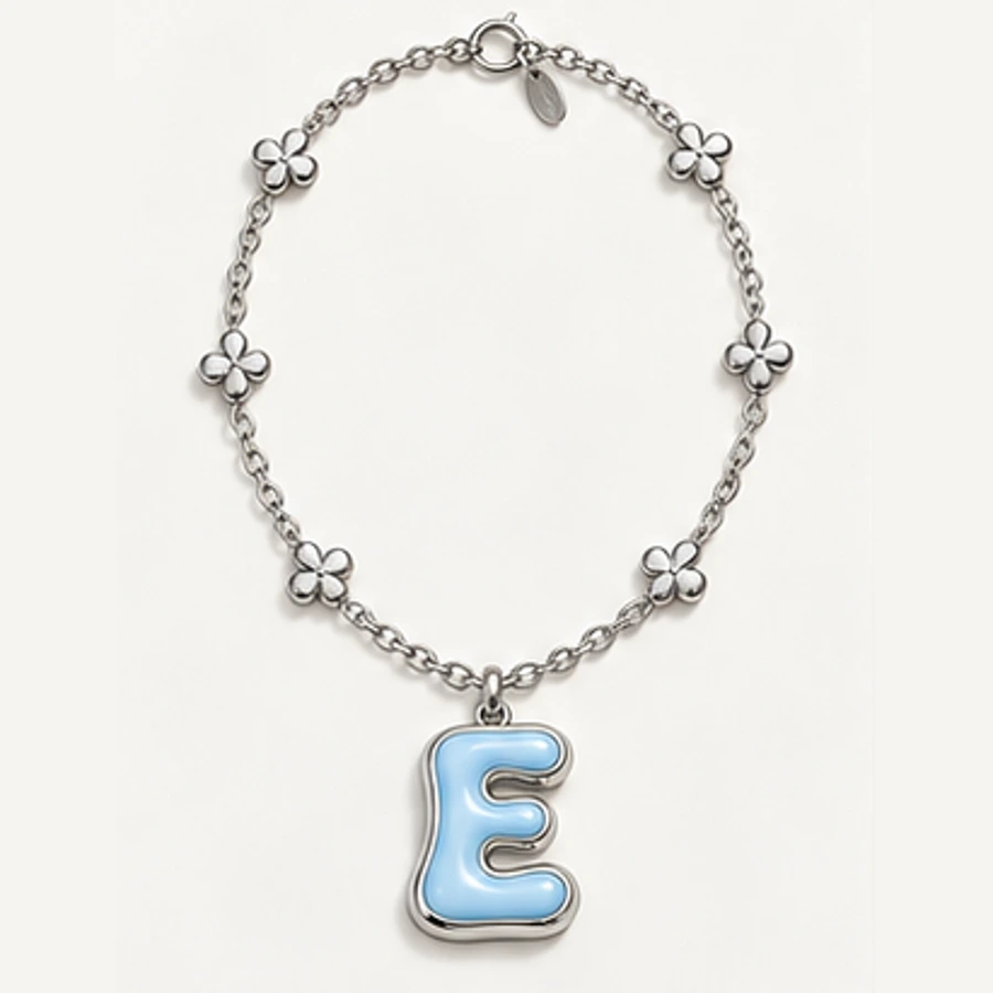 Ice E Pendant Necklace, Silver / Blue, complete necklace