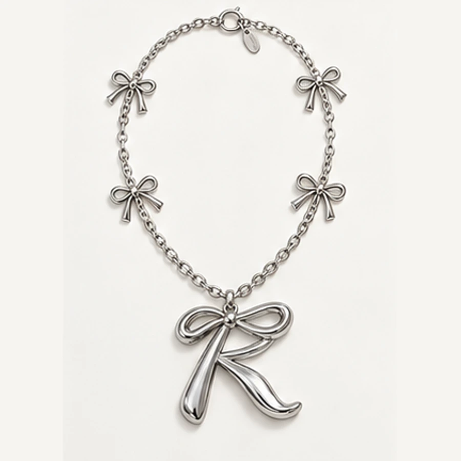 Ribbon R Pendant Necklace, Silver, complete necklace