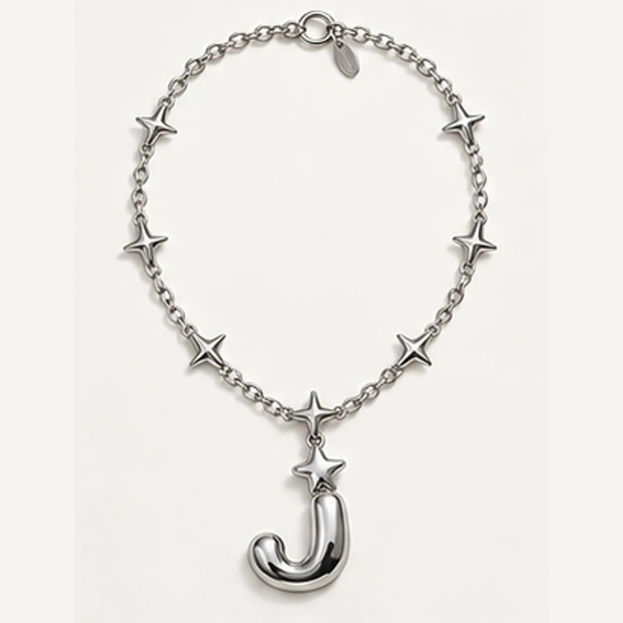 Star J Pendant Necklace, Silver, complete necklace